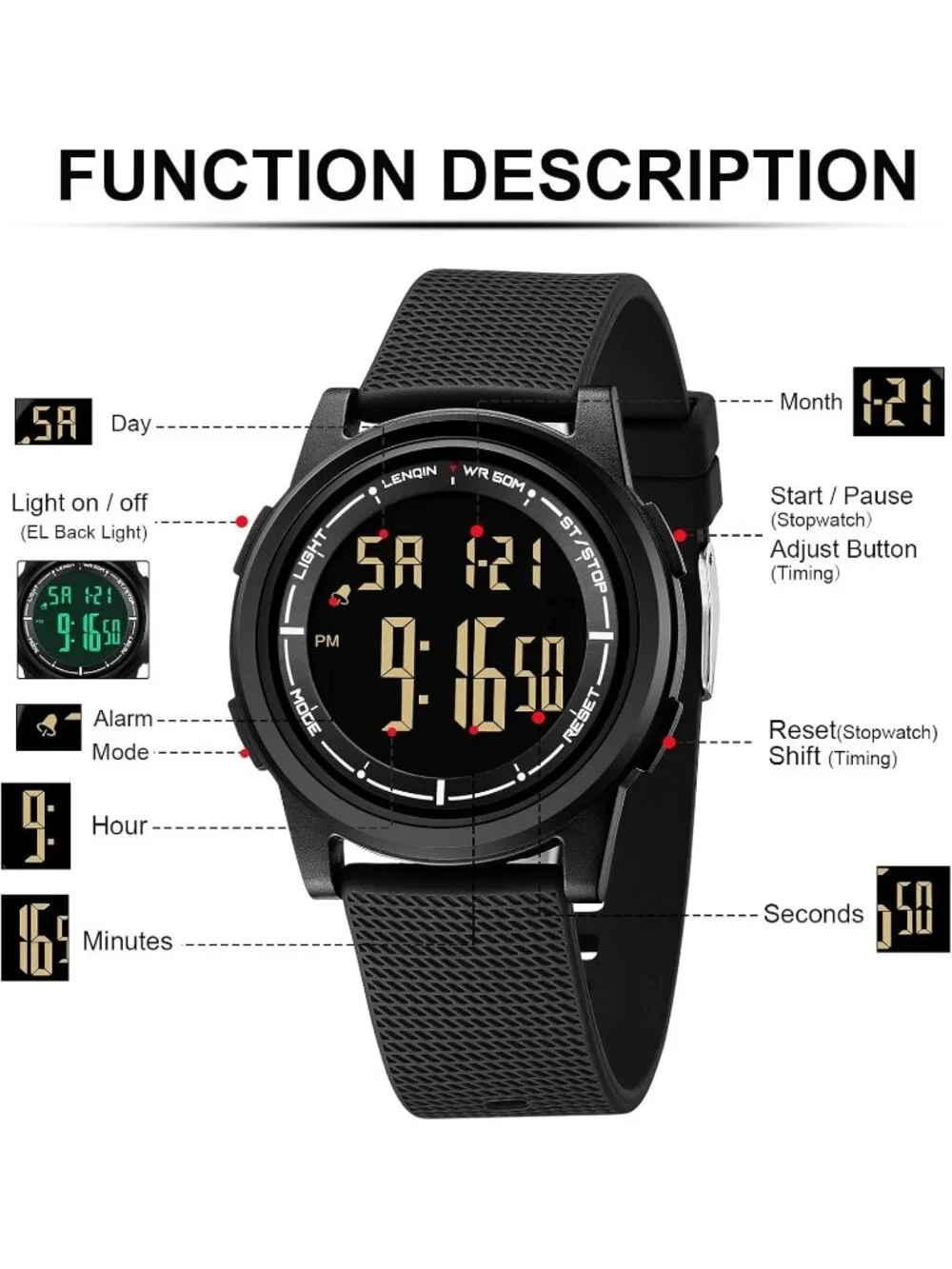 Men's Black Digital Ultra Thin Sports Waterproof Silicone Band Wrist Watches